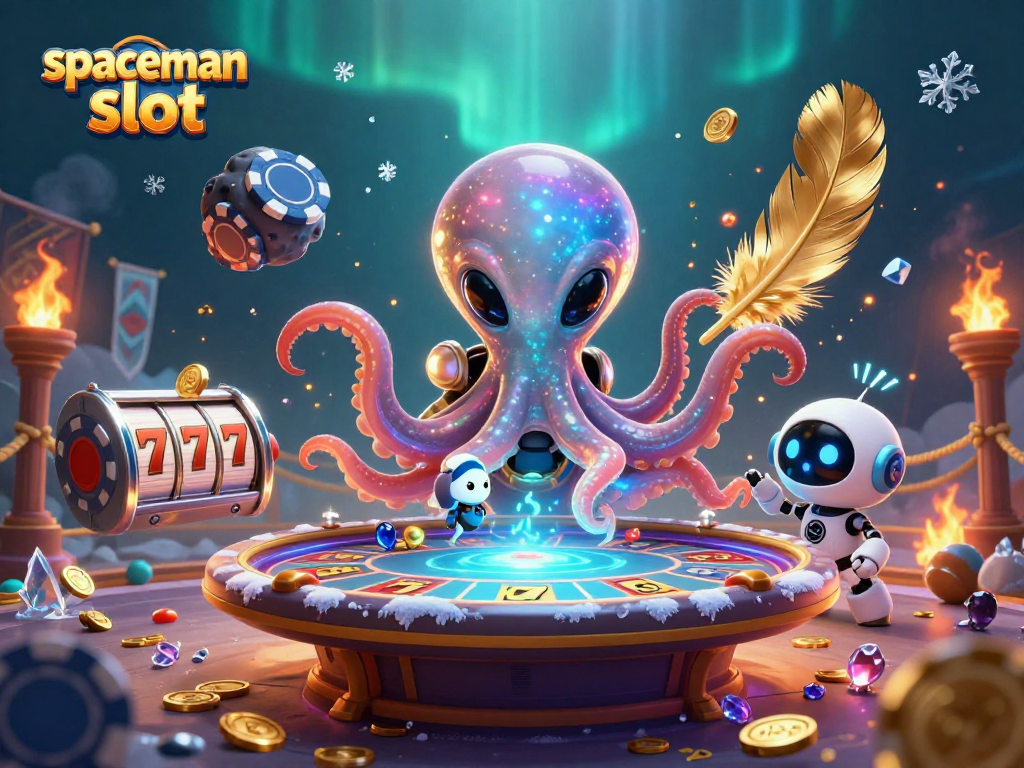 Engaging gameplay at spaceman slot with an alien octopus and robot amid vibrant casino elements.