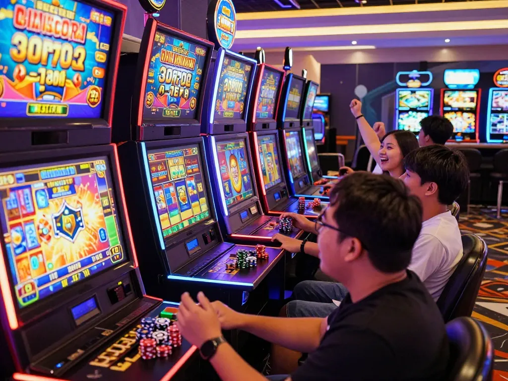 Situs slot gacor lively gaming atmosphere with players enjoying colorful online slot machines and cheering