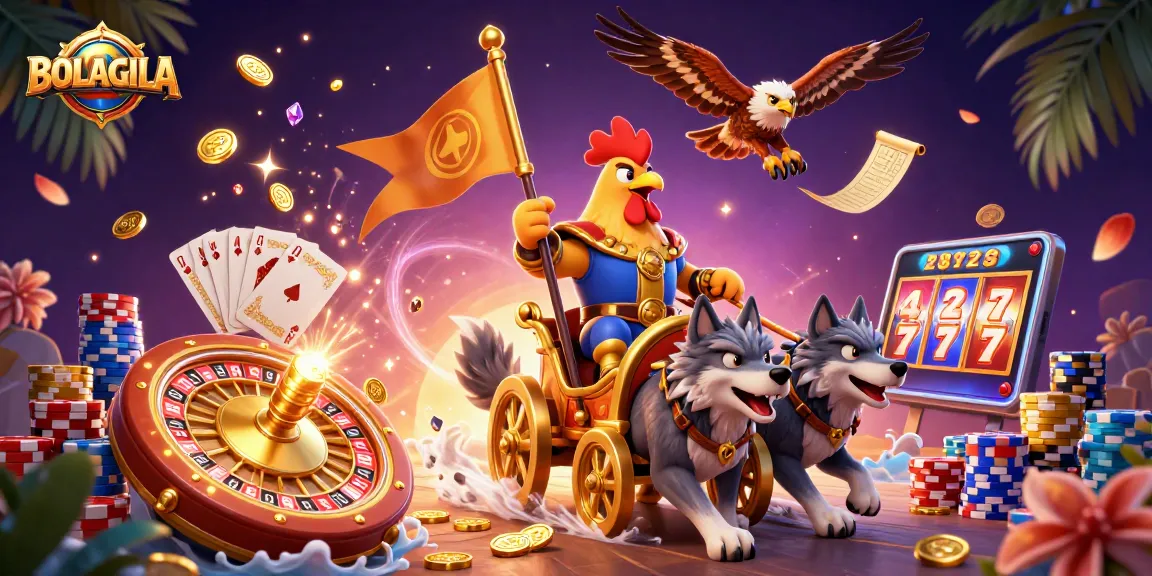 Experience thrilling wins with BOLAGILA's dynamic casino action illustration featuring vibrant game elements.