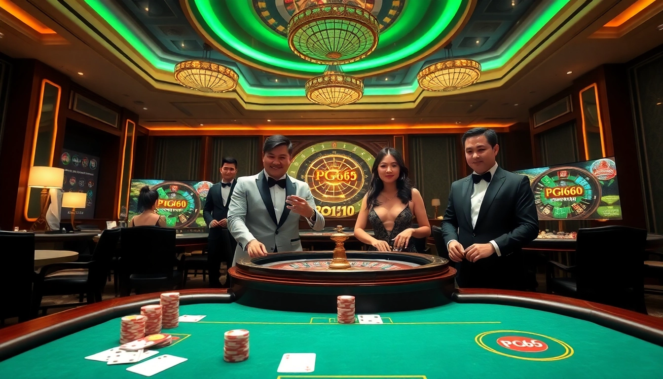 Experience PG66 cổng game in a dynamic casino setting, featuring poker tables and vibrant gaming interfaces.