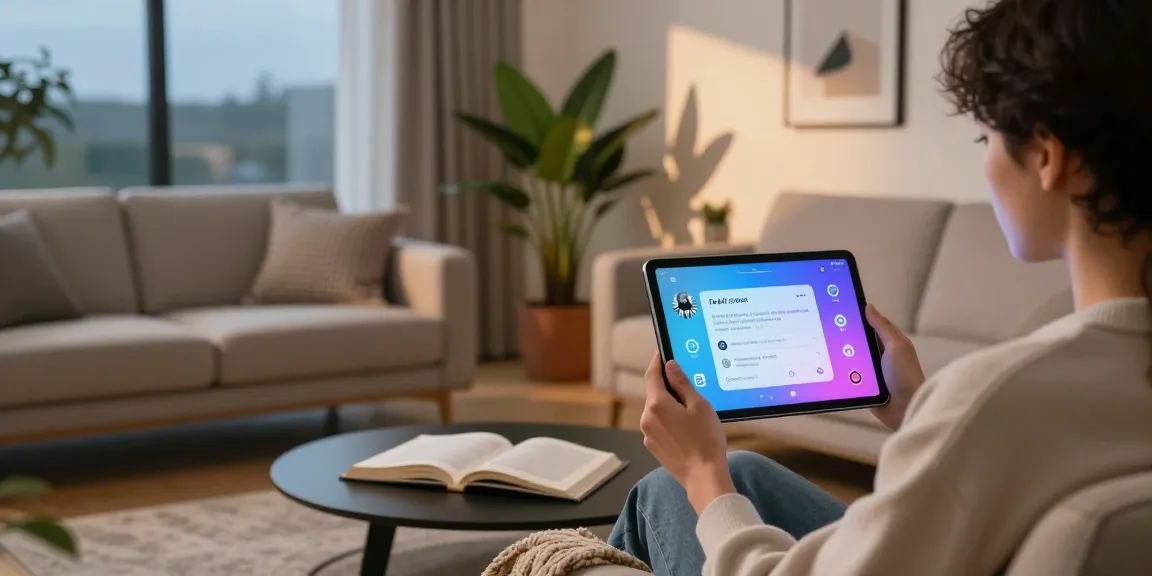 Interactive session with an nsfw chat bot on a tablet in a cozy living room environment.