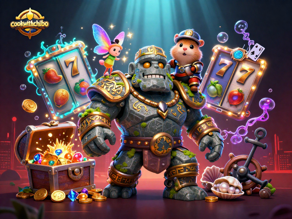 Experience the thrill of slots with cookwithchibo's vibrant 3D gaming scene full of treasures.