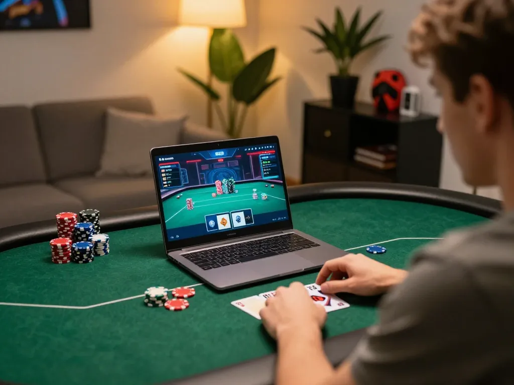 Player enjoying a dynamic trang casino experience on a laptop, engaging with online poker gameplay