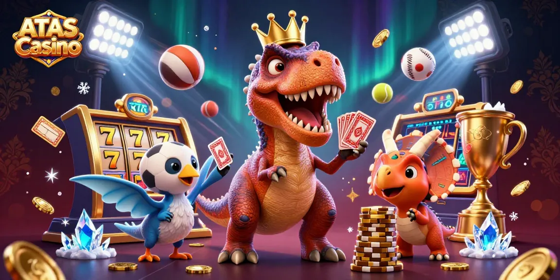 Engage in thrilling gameplay at ATAS Casino with dynamic characters shuffling cards and stacking chips.