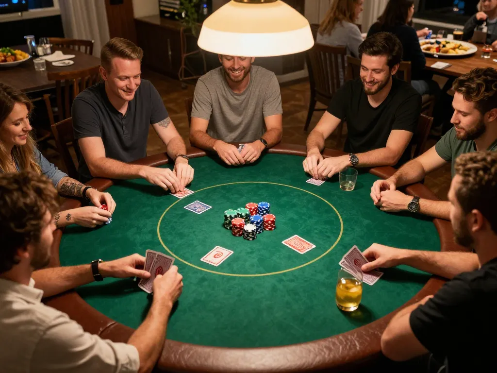 Players enjoying a lively home poker game, showcasing strategic decisions while utilizing https://goal123.ac/ for online insights.