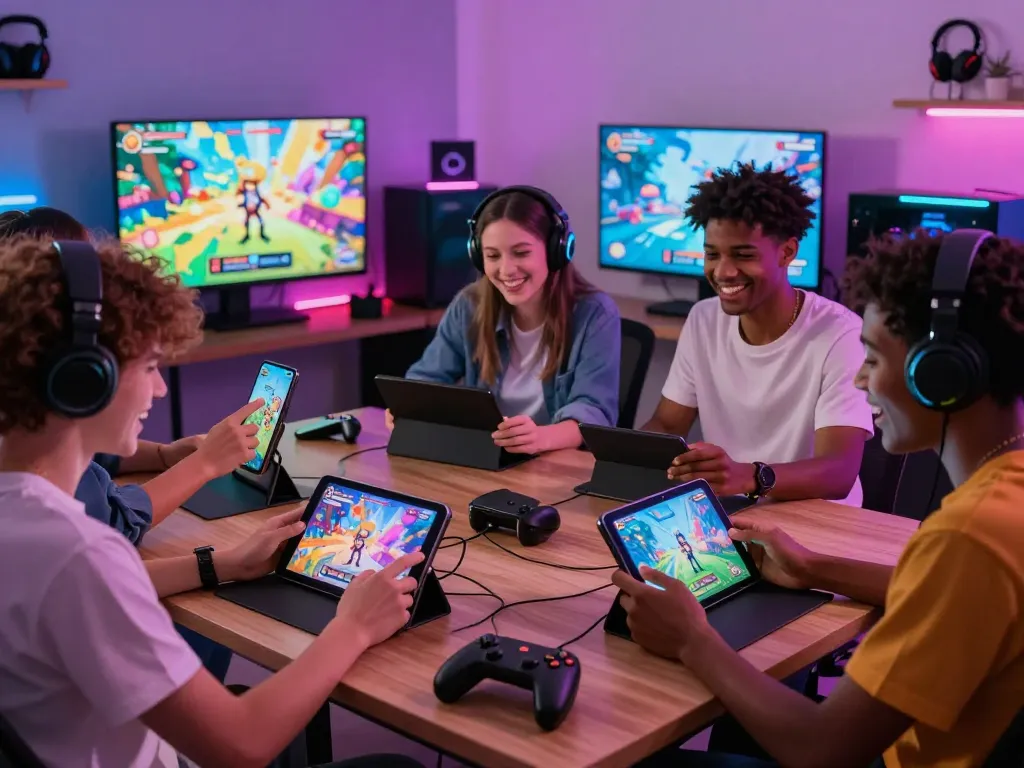 Engaged players exploring porngames on devices in a vibrant gaming environment