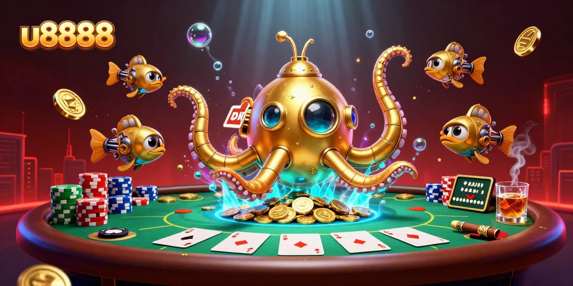 u8888 showcases an explosive scene of a golden kraken submarine among poker elements, bringing excitement.