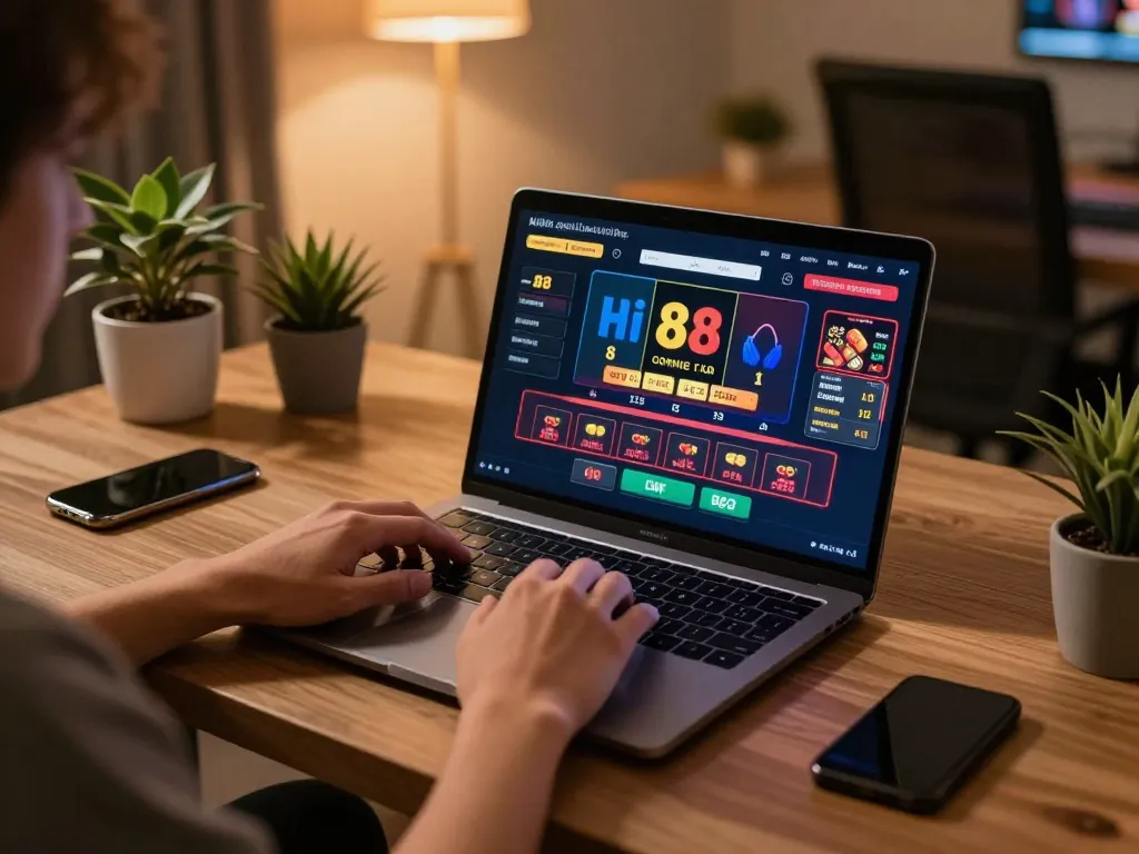 Engaging player enjoying hi 88 online casino experience from a cozy home setup