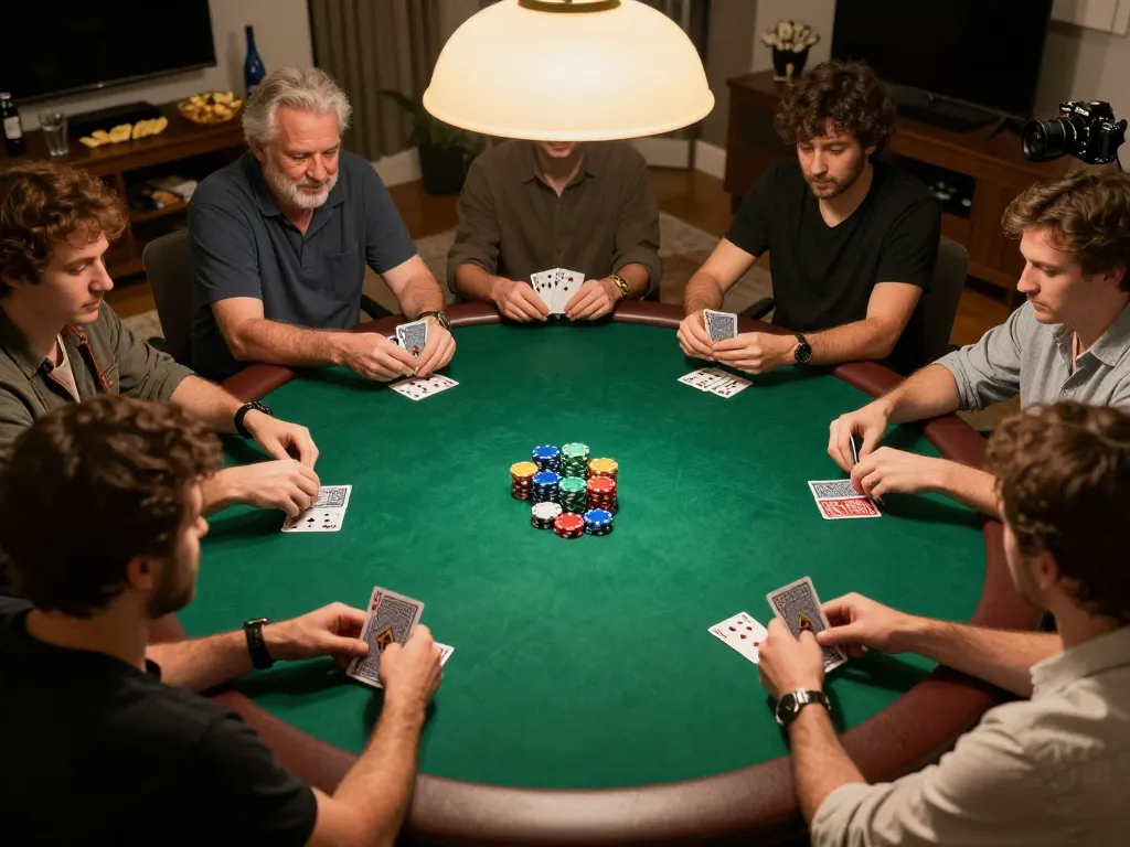 Players enjoying a lively poker game at home showcasing Bl555, casual atmosphere with drinks and snacks.