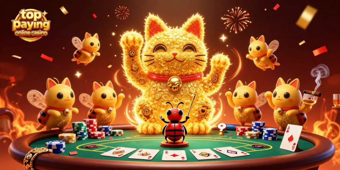 Experience the excitement of top paying online casino games with golden fireflies and poker elements in a vibrant illustration.