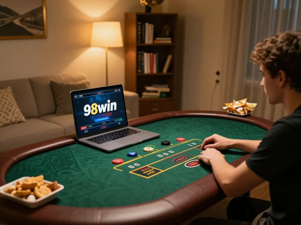Player immersed in a live dealer game on 98win laptop setup, showing chips and excitement.