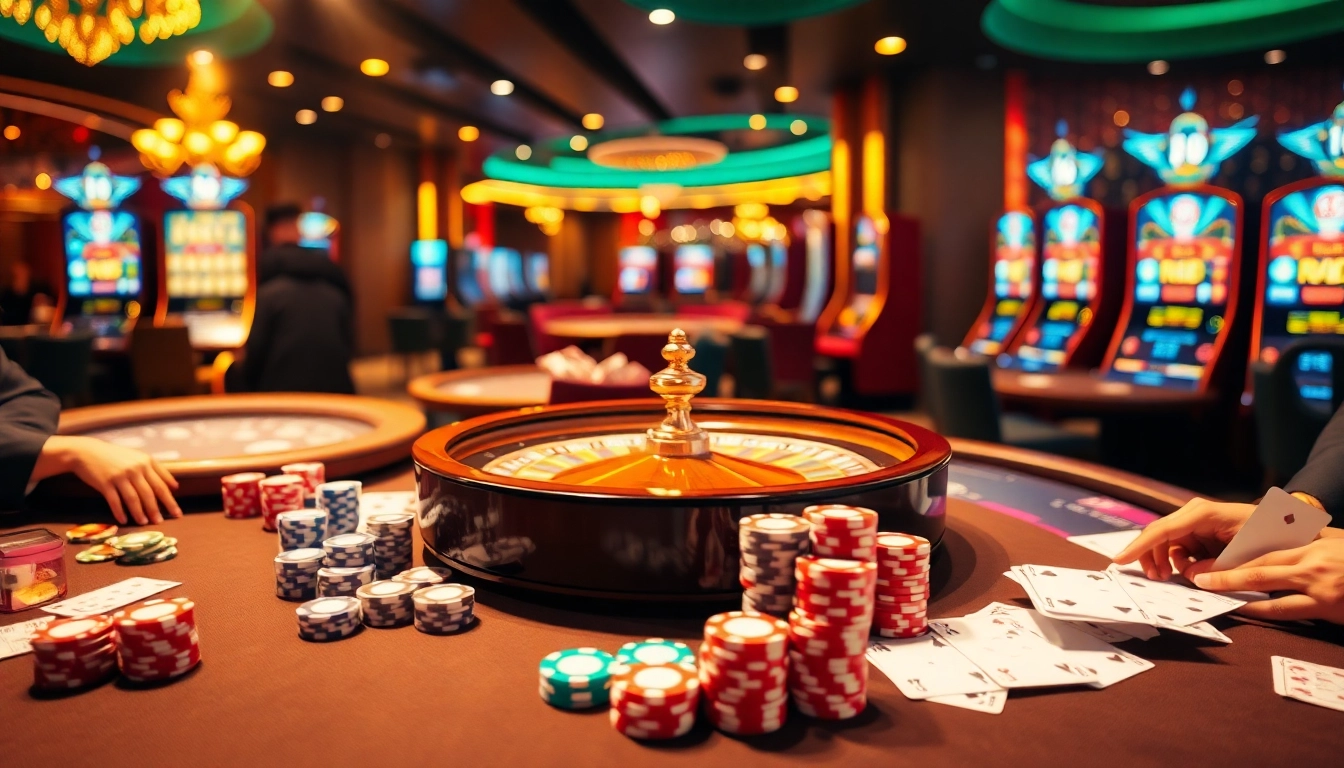 S8 nhà cái casino scene with roulette, poker chips, and vibrant slot machines.