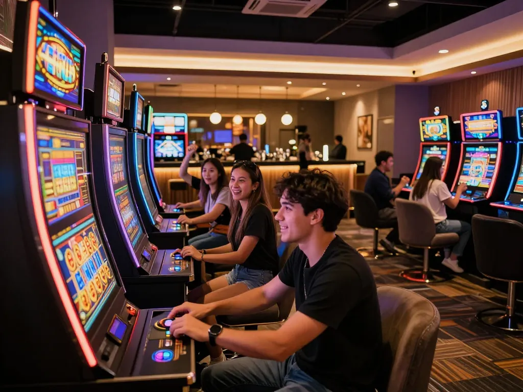 Experience the excitement of link alternatif gaming at modern slot machines with friends in an energetic casino.