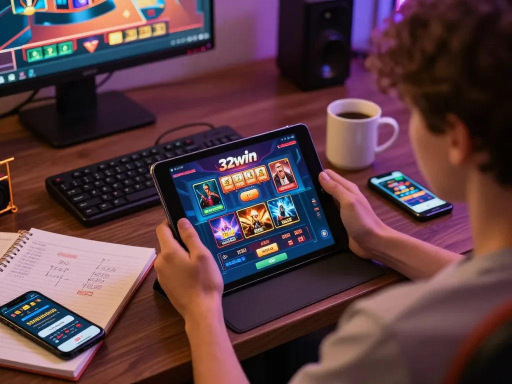 Engaging in online casino gaming on 32win with strategic notes and a cozy setup