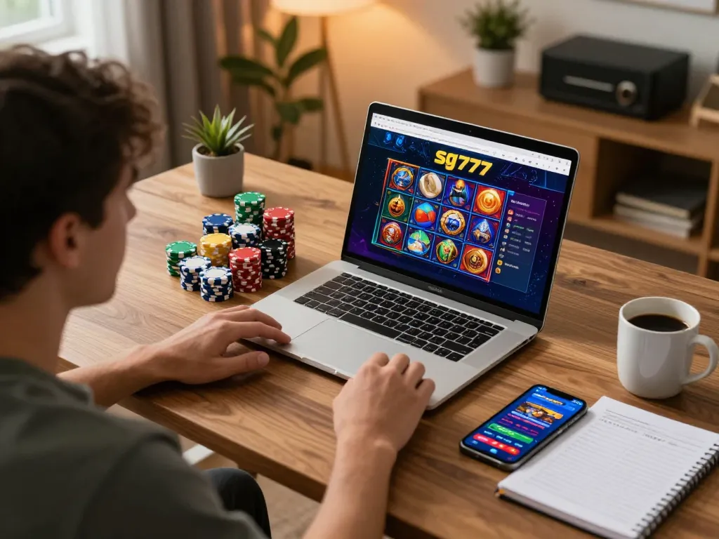 Engaged player using sg777 on laptop while managing casino chips and strategy notes.