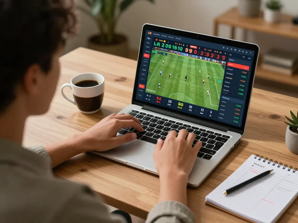 Soi Kèo in action as a player engages with live betting platform on a laptop during a sports event.