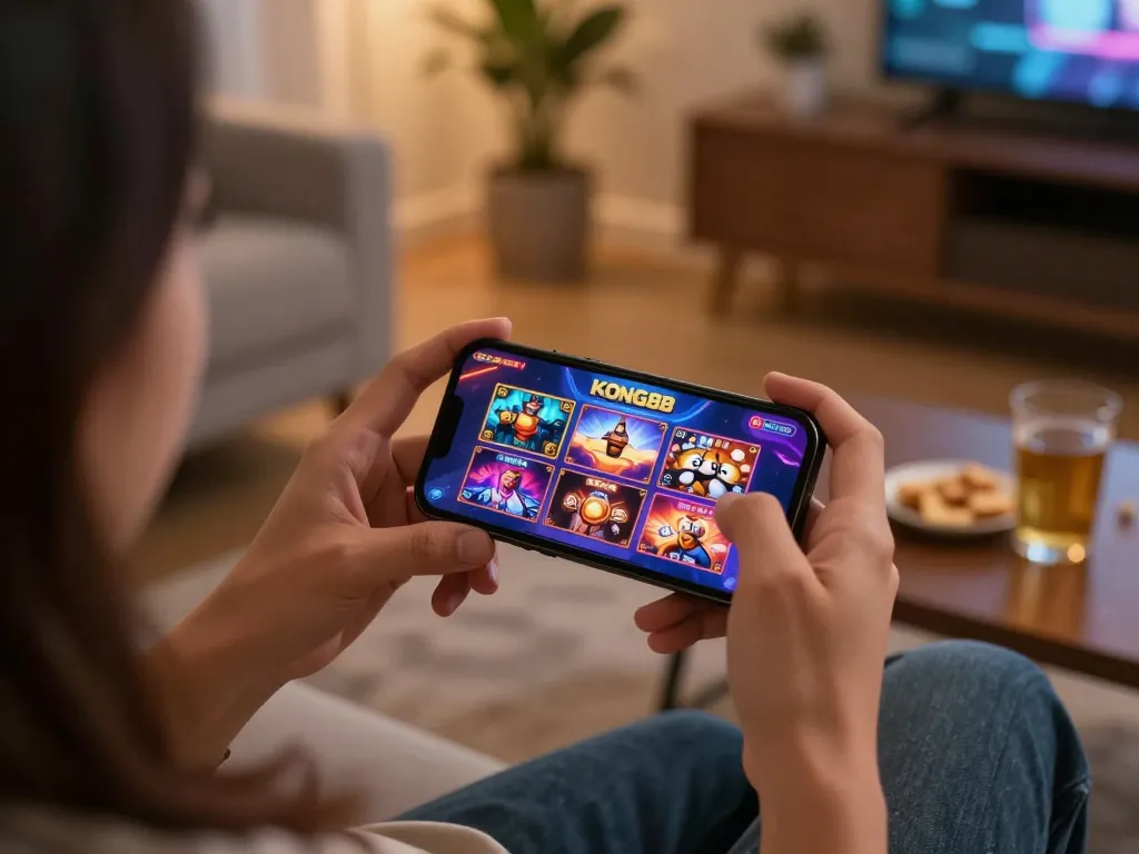 KONG88 player enjoying an online gaming session on a smartphone in a cozy home setting
