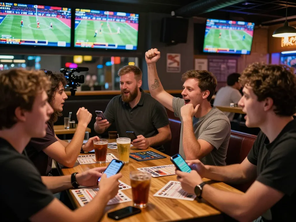 Inspiring sports betting moment with bcx88 users celebrating wins on screens in a lively sports bar.