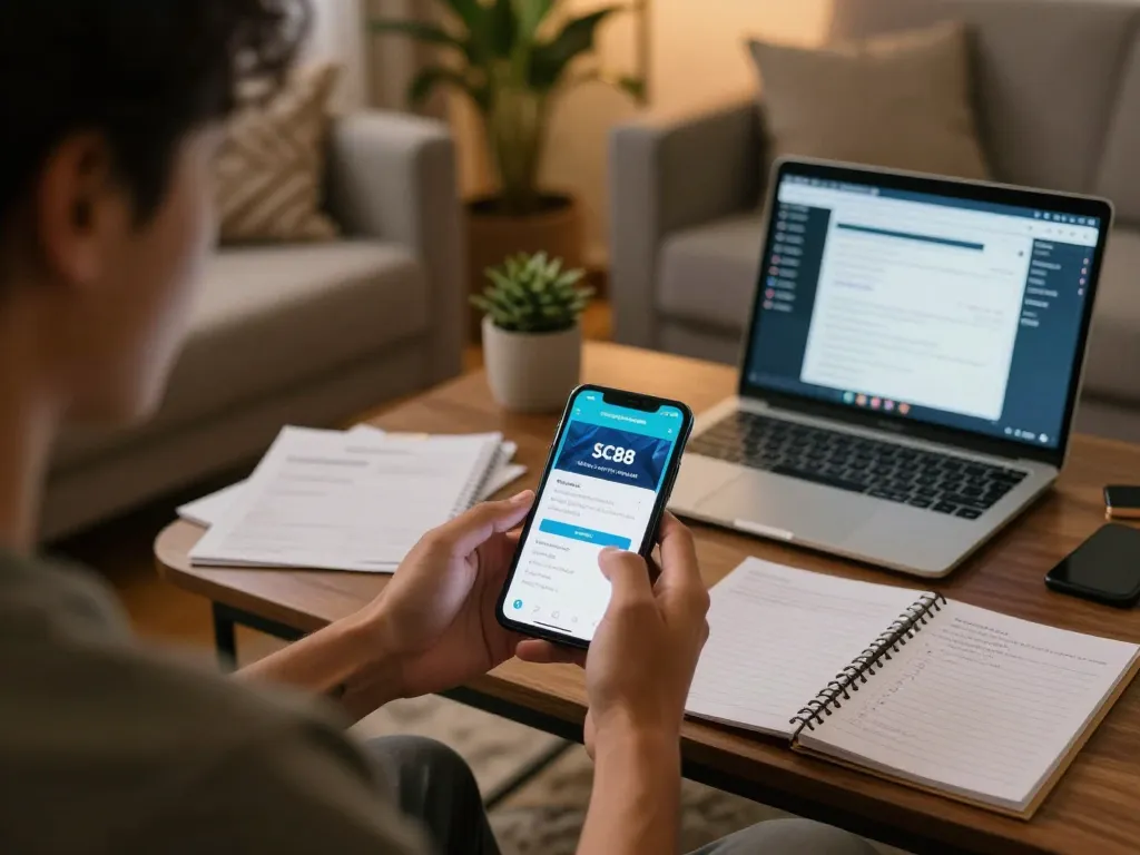 Engaging moment of đăng ký SC88 on a smartphone in a cozy living room setting, highlighting online gaming