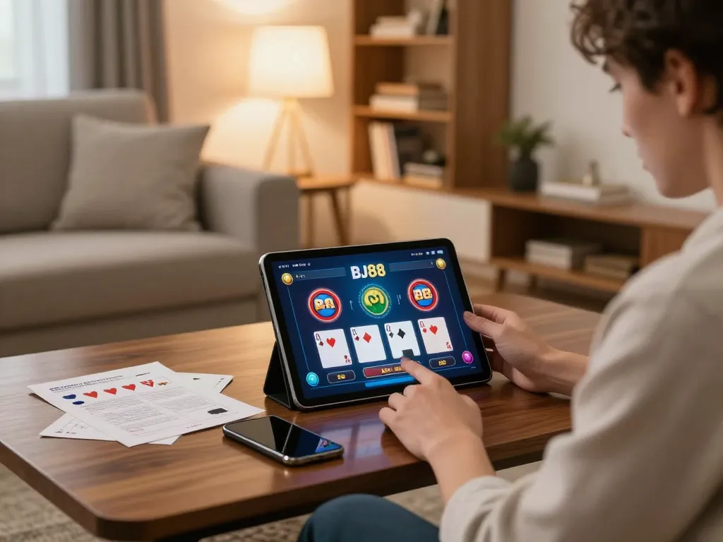 BJ88 player enjoying online gambling with tablet in a cozy living room environment
