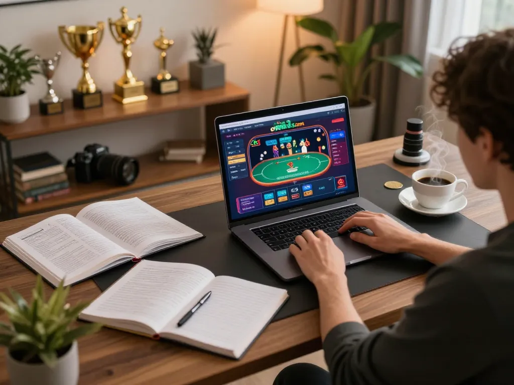 Engaging in poker game on open88 com from a cozy home office setup, enhancing strategic gameplay experience