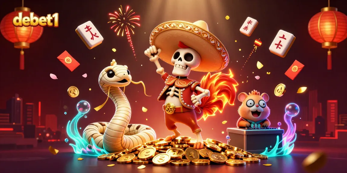 Experience the excitement of debet1 with dynamic 3D characters celebrating on golden coins in a vibrant casino scene.