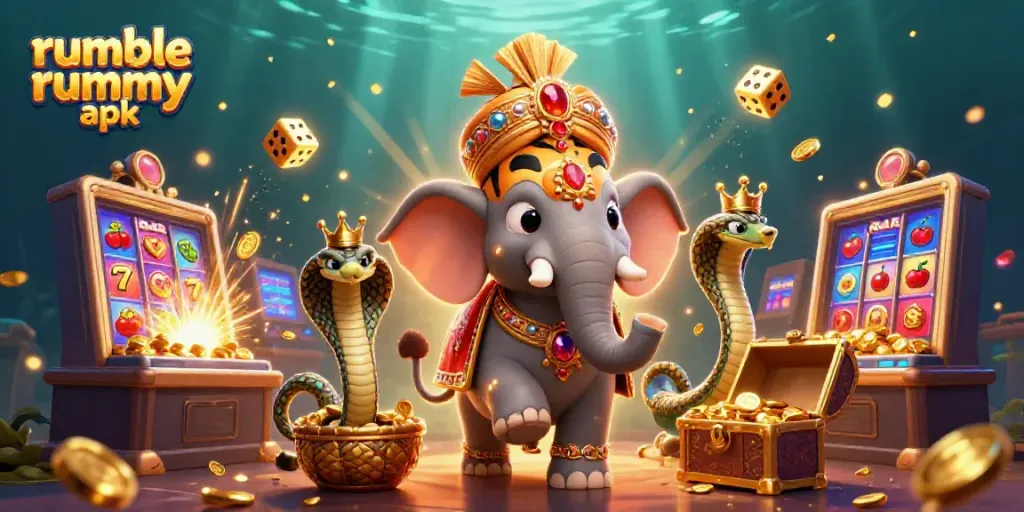 Experience Rumble Rummy APK with an engaging illustration of festive casino elements and lively characters.