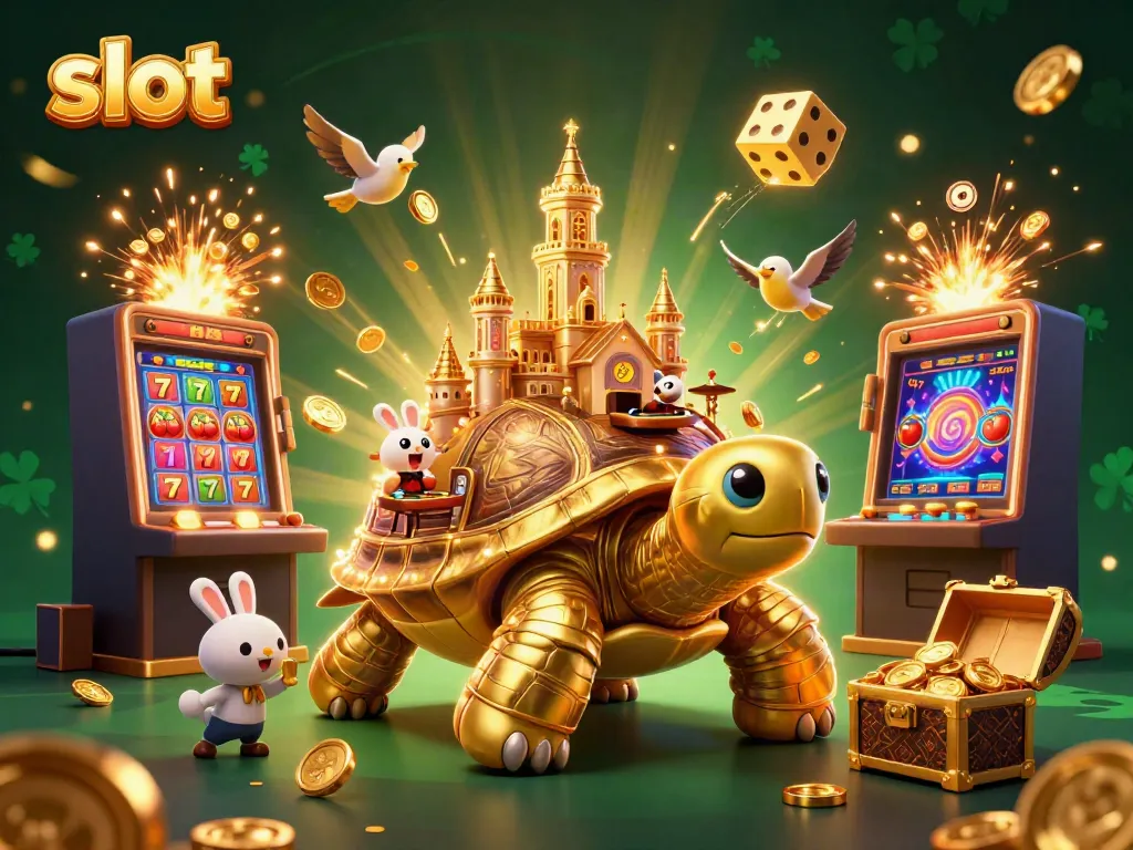 Spin the slot with gold coins flying around in a vibrant casino scene featuring a giant tortoise.