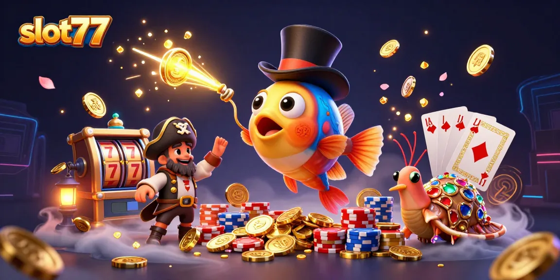 Engage with slot77's vibrant gaming scene featuring shimmering coins and dynamic slot reels.