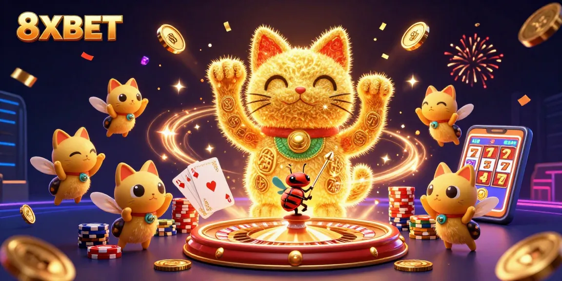 Experience the excitement of 8XBET with a vibrant lucky cat illustration and casino elements.
