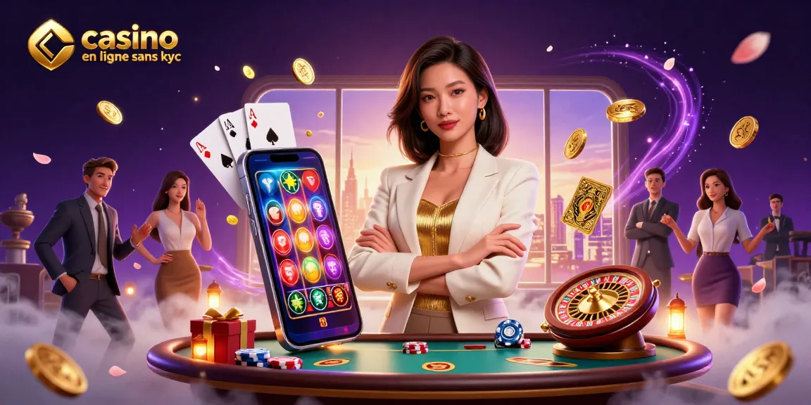 Gagnez au casino en ligne sans KYC avec une illustration de casino élite présentant des éléments de jeu vibrants.