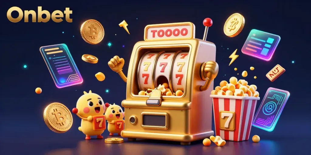 Experience Onbet's thrilling jackpot moment with a cartoon slot machine bursting with coins, showcasing excitement in gaming.