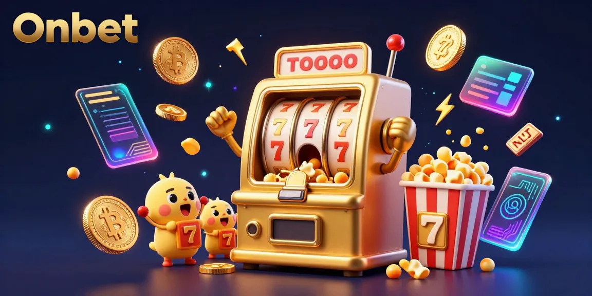 Experience Onbet's thrilling jackpot moment with a cartoon slot machine bursting with coins, showcasing excitement in gaming.