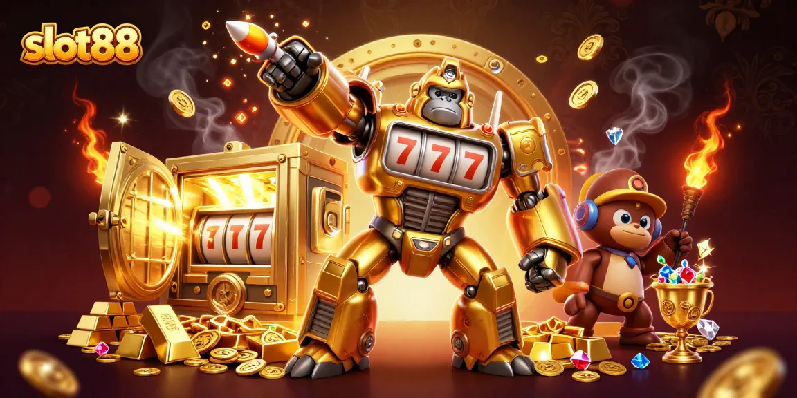 Slot88 menyajikan gambar ilustasi kasino 3D yang menampilkan gorila emas dan efek visual menawan.