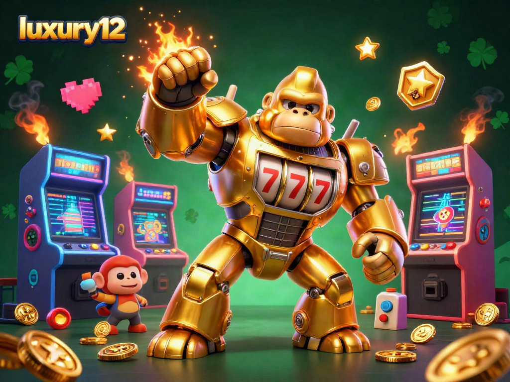 Luxury12 menampilkan gorila emas unik dalam mesin slot, memukau pemain kasino.