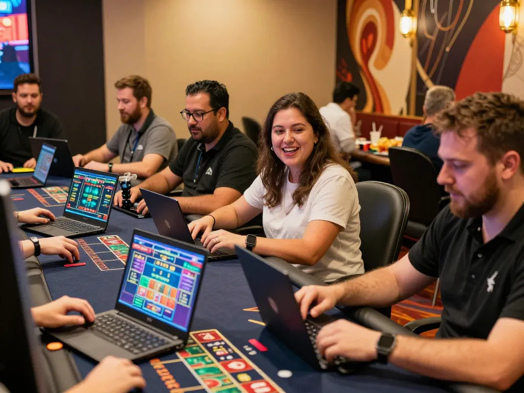 Players enjoying SC88 online casino games on their laptops in a vibrant and exciting atmosphere