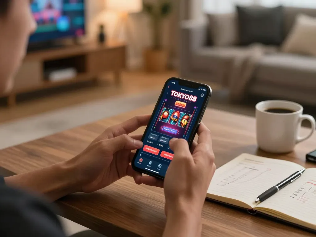 Pemain menikmati aplikasi kasino tokyo88 di smartphone sambil merumuskan strategi taruhan di lingkungan rumah yang nyaman
