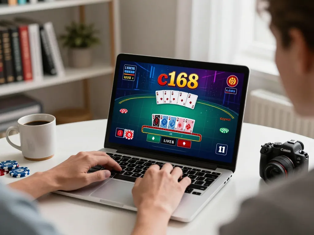 Engaged player enjoying c168 live dealer blackjack on laptop at home, showcasing a stylish gaming setup.