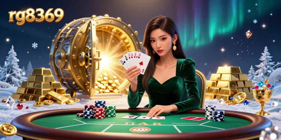 Experience the excitement of rg8369 with a stunning poker scene featuring an elegant Asian dealer and vibrant casino elements.