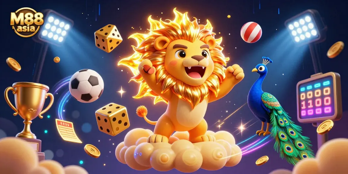 M88 asia energizes players with vibrant 3D casino illustration showcasing exhilarating sports betting and dynamic gaming elements.
