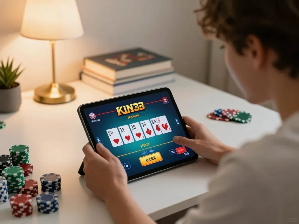 Engaging poker gameplay at king33 with tablet interface in a cozy home setup