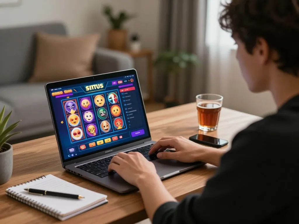 Engaging with situs slot gameplay on a laptop at home, showcasing a strategic online gambling setup.