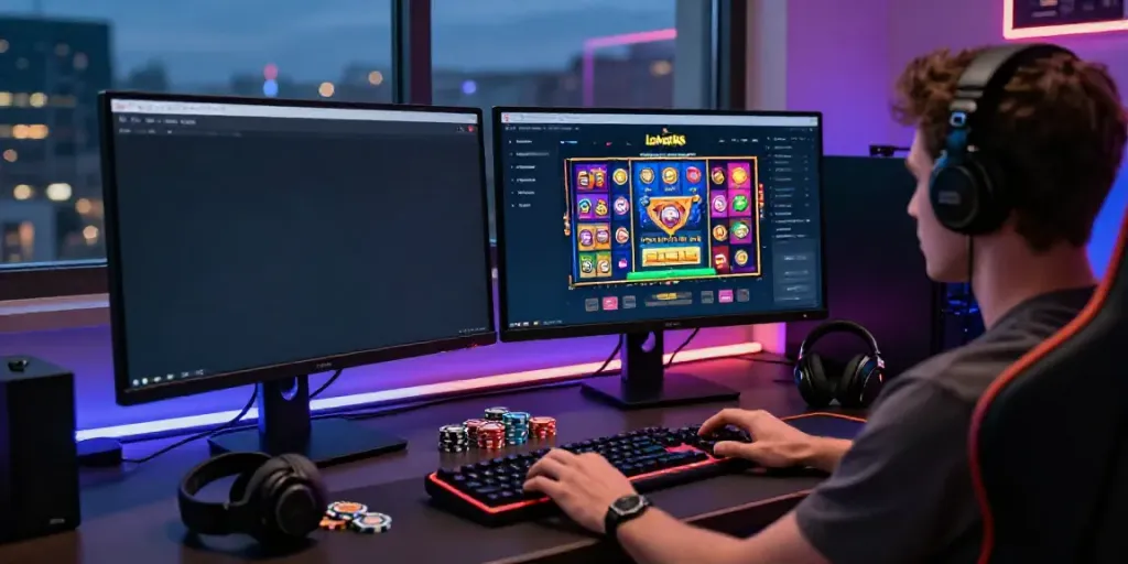 Player enjoying the loket88 slot gaming experience on dual monitors with vibrant graphics.