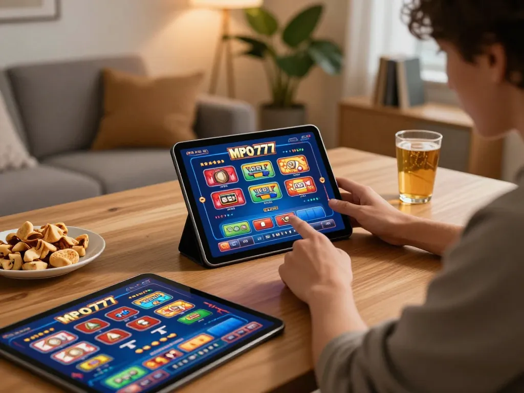 Pemain menikmati MPO777 di tablet di rumah, menampilkan pengalaman perjudian online yang menarik, lingkungan yang nyaman.
