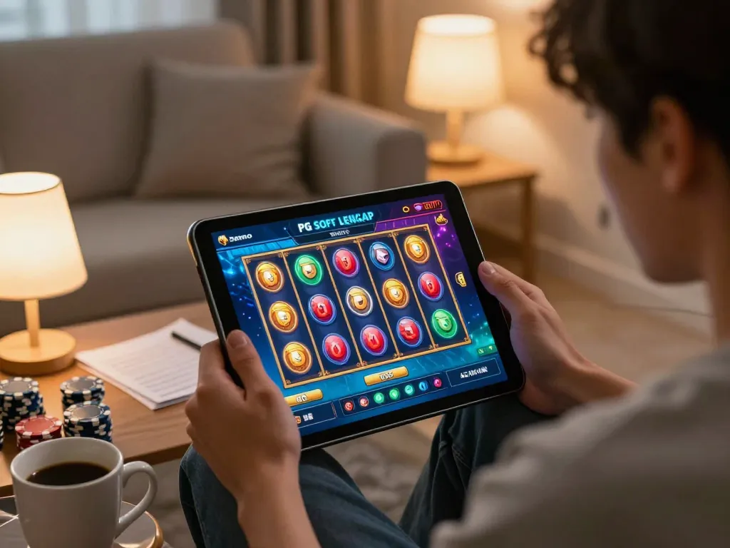 Suasana permainan online yang menarik menampilkan permainan slot demo PG Soft Lengkap di tablet, menciptakan kegembiraan dan strategi.