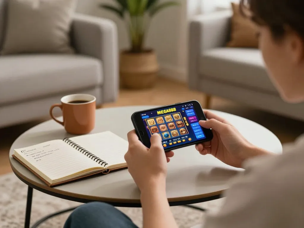 Engaging with MEGA888 slot gameplay on a smartphone while enjoying a cozy home atmosphere.