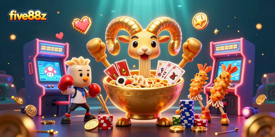 Engage in thrilling gameplay with five88z while cartoonish characters stack chips and cards in a vibrant casino.