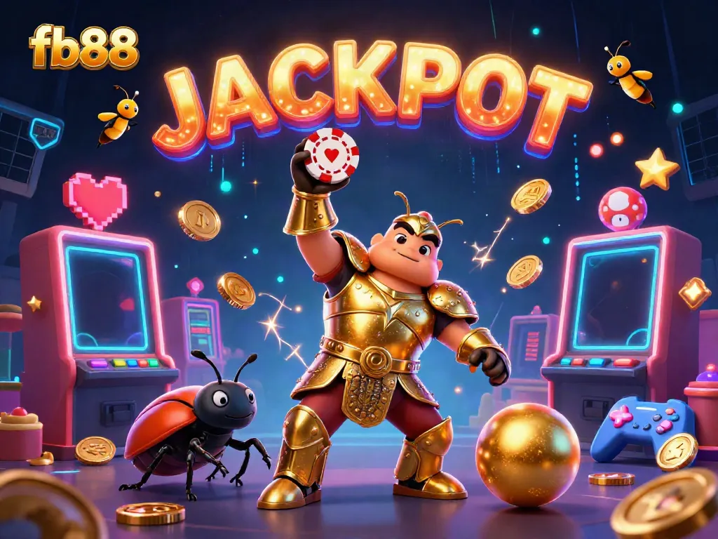 Experience the excitement of fb88 as the hercules beetle celebrates a jackpot win amidst bright slot machines and glowing game elements.