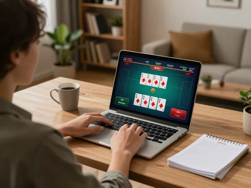 Engaging in online poker strategy while playing megaplus88 on a laptop in a cozy living space.