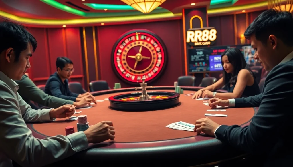 The thrilling atmosphere of a poker game at https://rr88c.org/ with players, chips, and a roulette wheel.